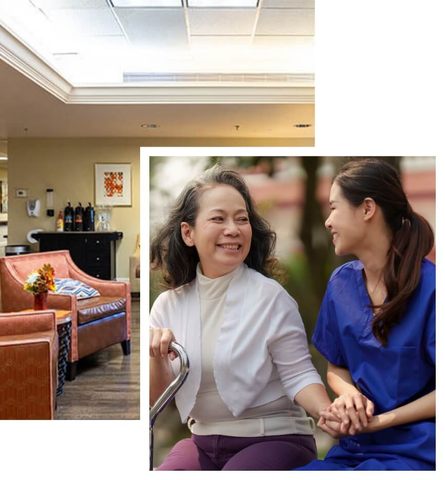 Lobby with seating and nurse with guest